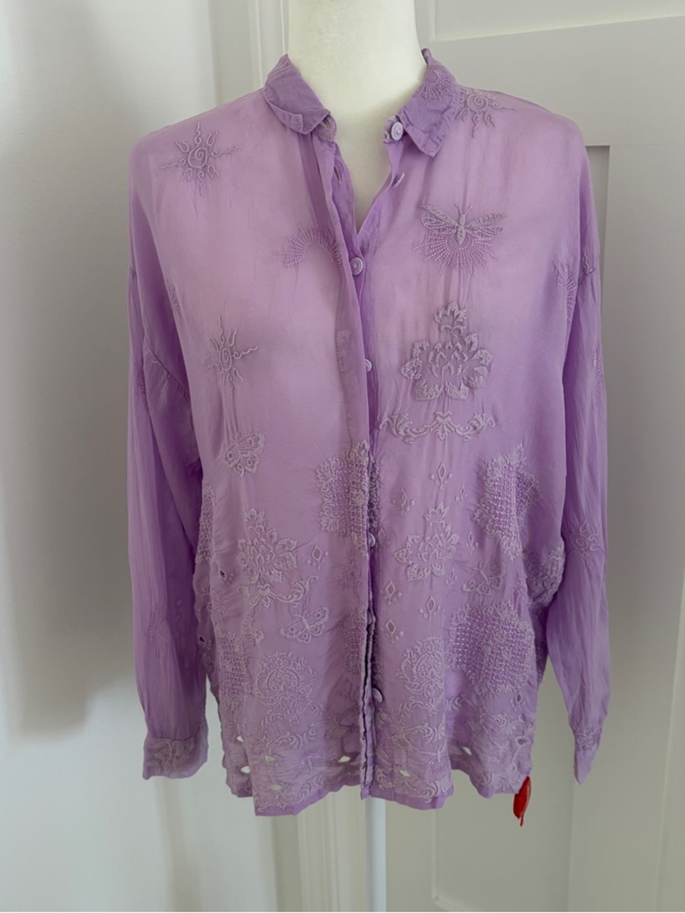 NWT Johnny Was Sz S Slim Audrey Blouse Purple Embroidered Cupra Rayon